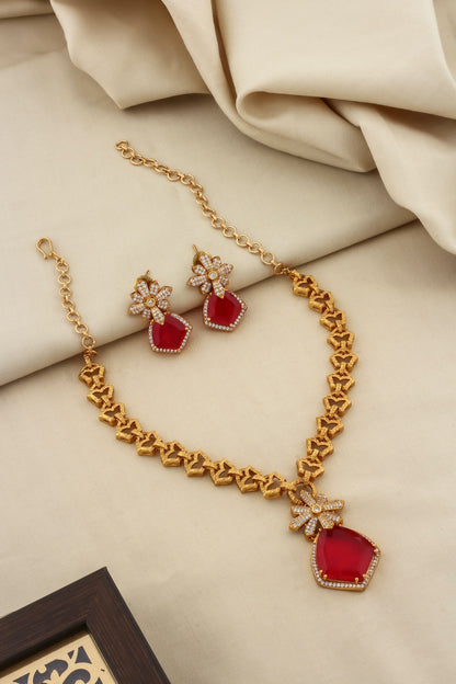 doublet pendant antique gold chain necklace with doublet and cubic zirconia floral pentagon stone western look statement set