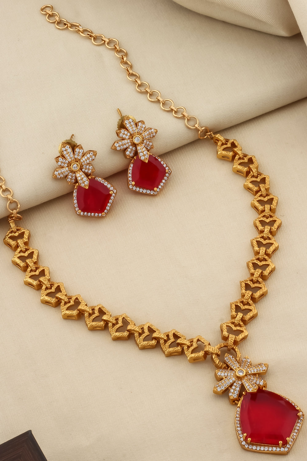 doublet pendant antique gold chain necklace with doublet and cubic zirconia floral pentagon stone western look statement set