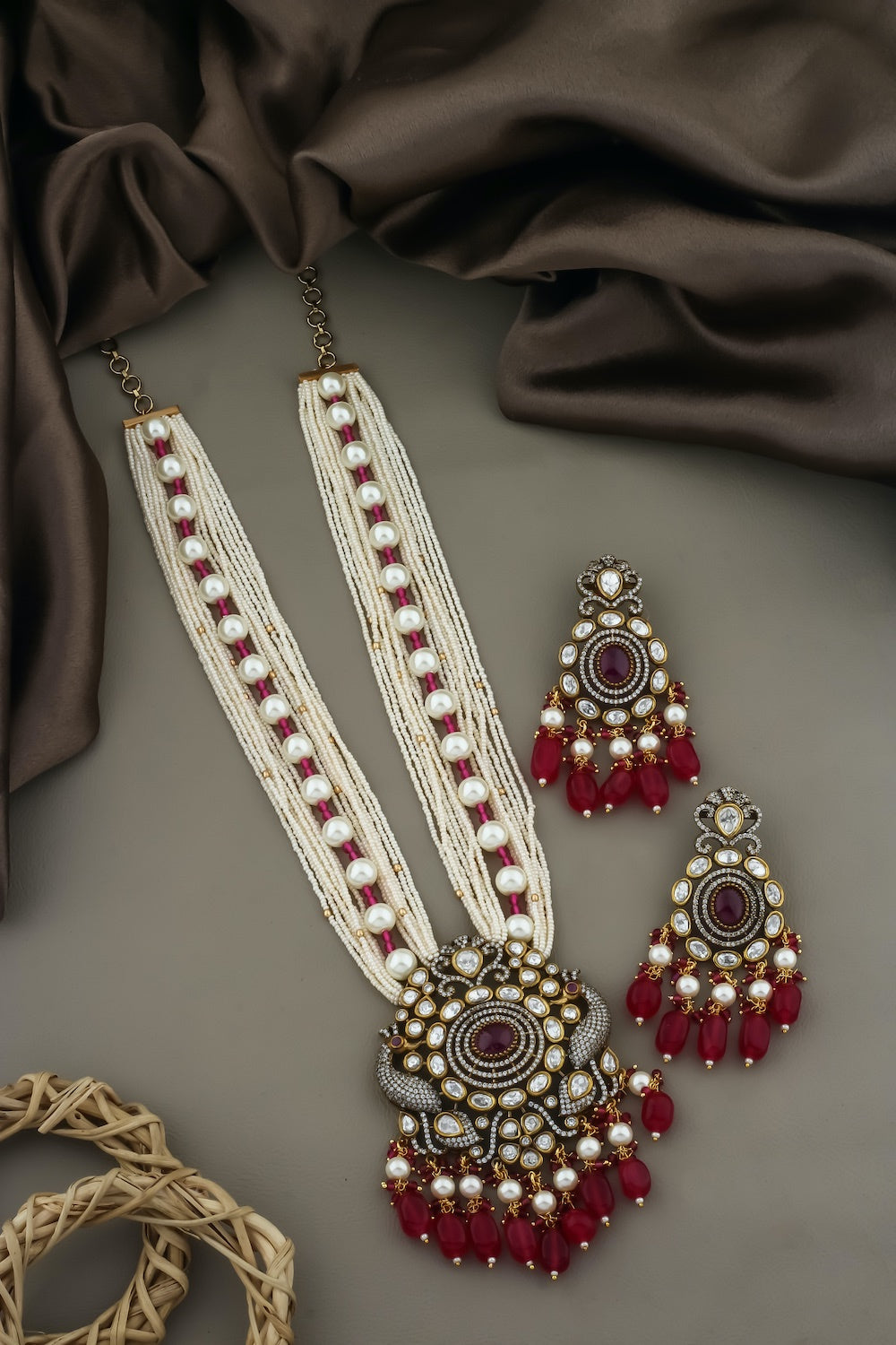 Victorian cz moissanite kundan fusion bridal long set ranihaar klnes250394