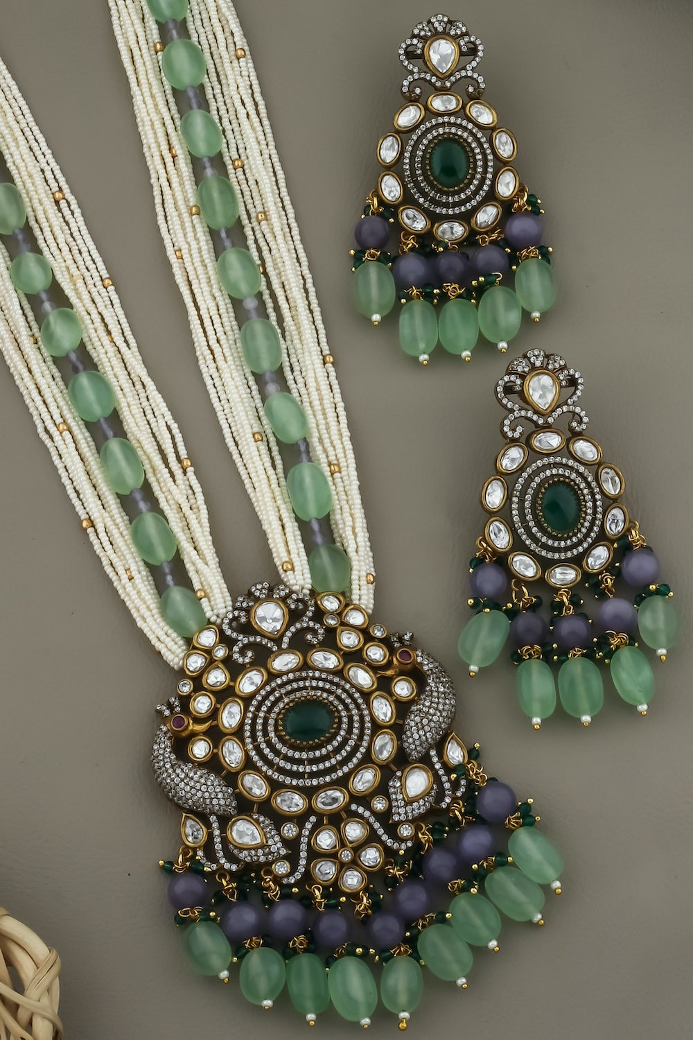 Victorian cz moissanite kundan fusion bridal long set ranihaar klnes250394