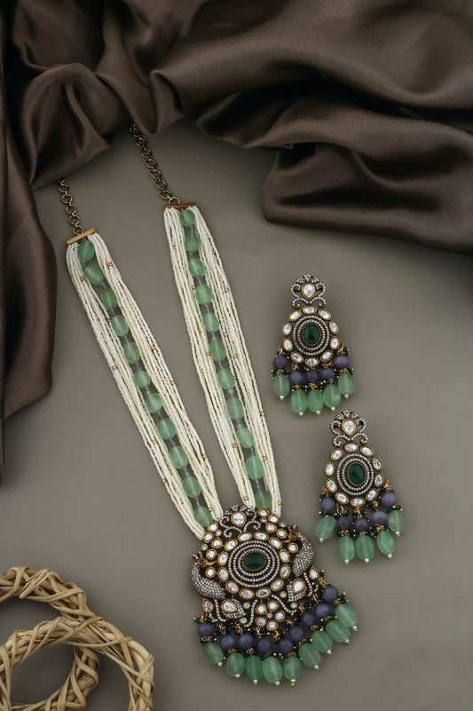 Victorian cz moissanite kundan fusion bridal long set ranihaar klnes250394