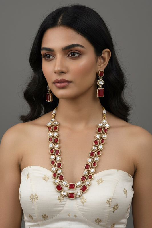zirconia red doublet stone kundan double strand long necklace with drop earrings