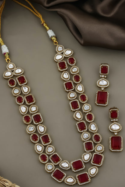 zirconia red doublet stone kundan multilayer long necklace with drop earrings