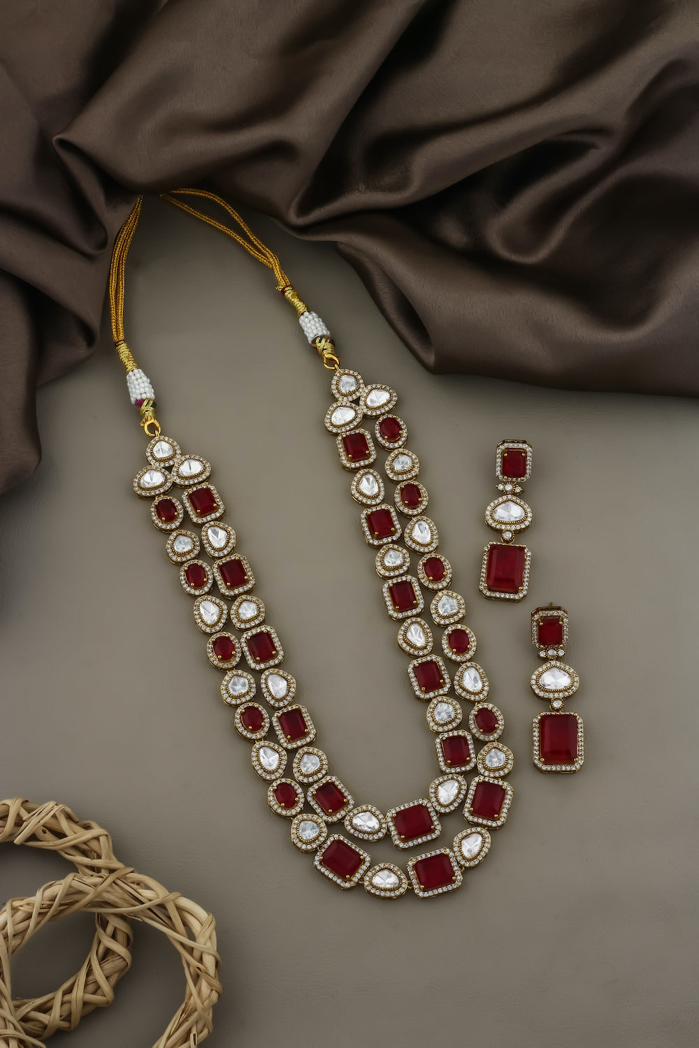 zirconia red doublet stone kundan multilayer long necklace with drop earrings