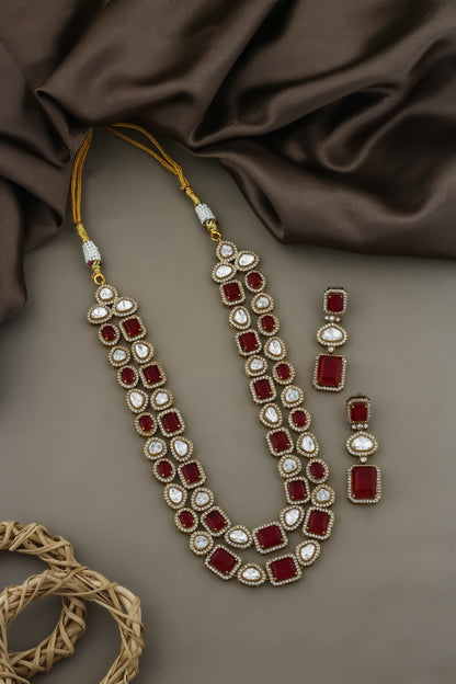 zirconia red doublet stone kundan multilayer long necklace with drop earrings