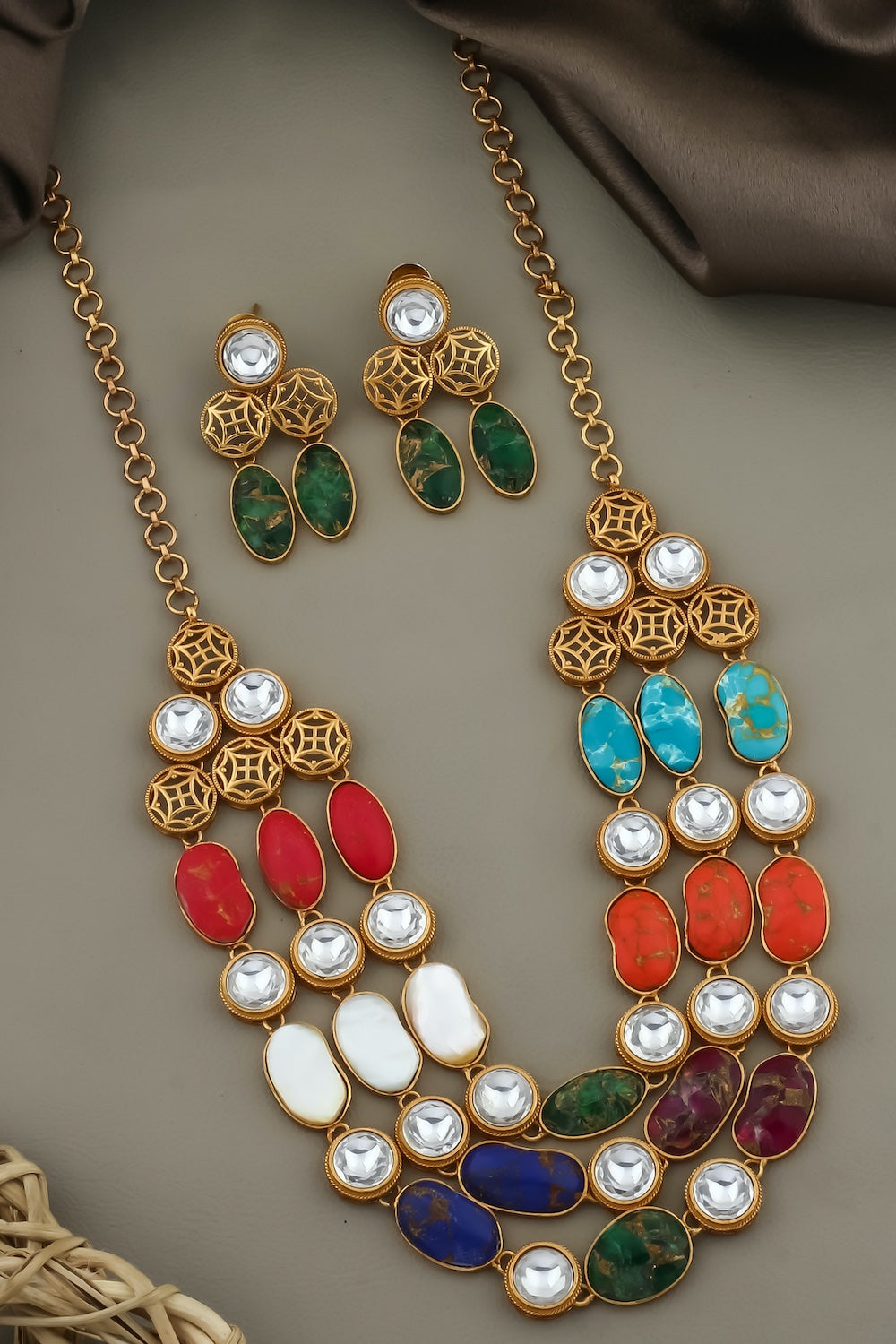 Kundan semi precious stone multi layer Long Necklace Earrings Set klnes250388
