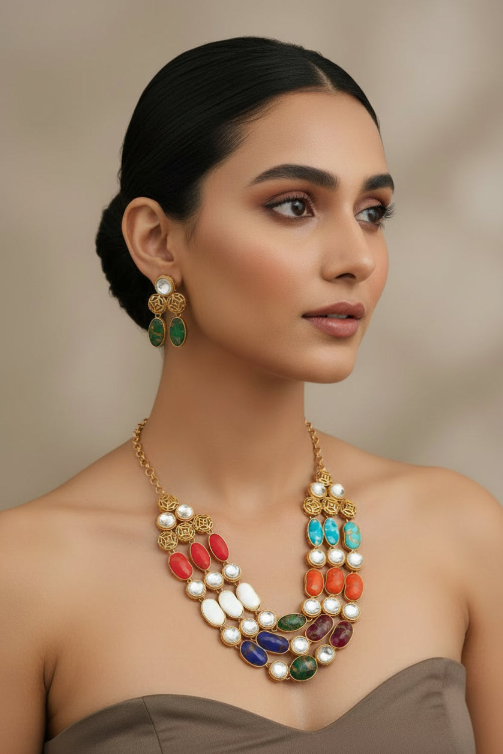 navaratna semi precious multi stone multi layer antique gold necklace earrings. Indian bridal necklace set