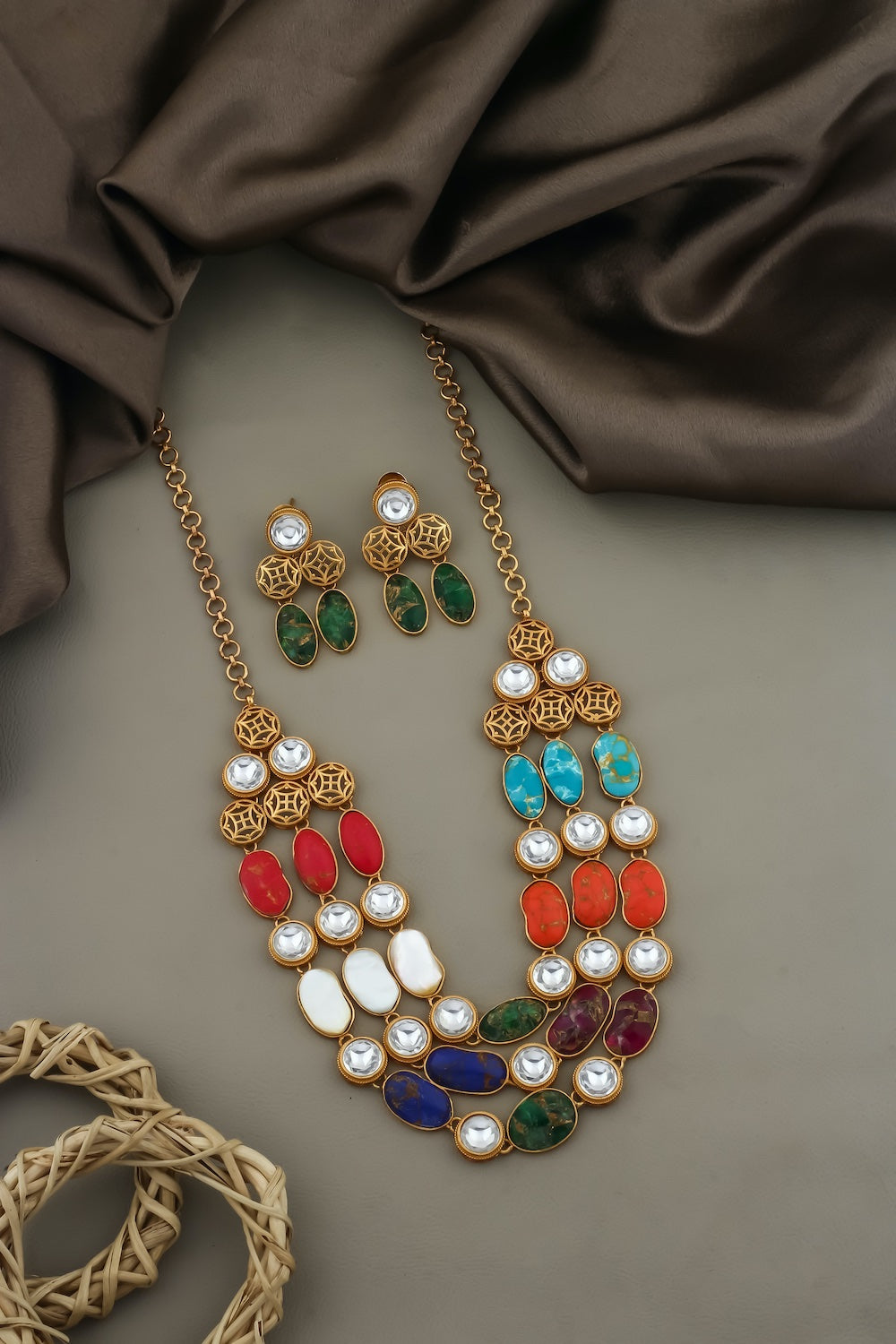 Kundan semi precious stone multi layer Long Necklace Earrings Set klnes250388