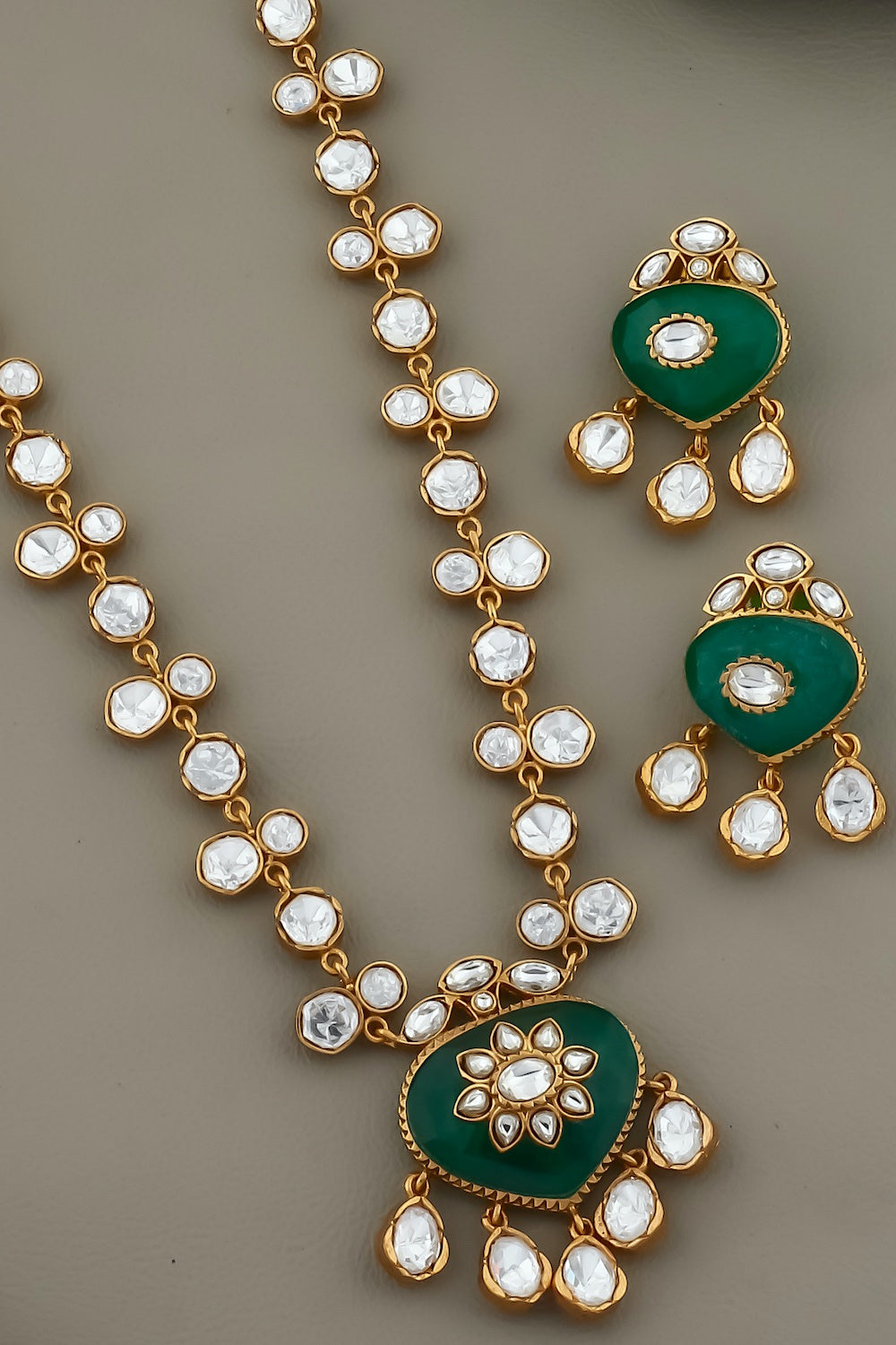 heritage emerald green polki kundan antique appal polish imitation long necklace earrings indian wedding bridal jewellery