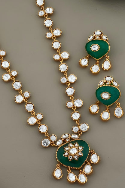 heritage emerald green polki kundan antique appal polish imitation long necklace earrings indian wedding bridal jewellery