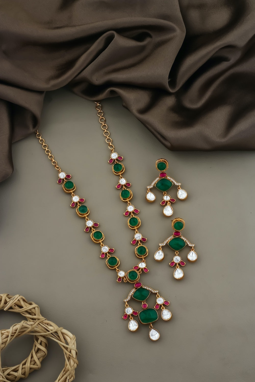 Kundan semi precious Long Necklace Earrings Set with green ruby white stones kadlnes250388