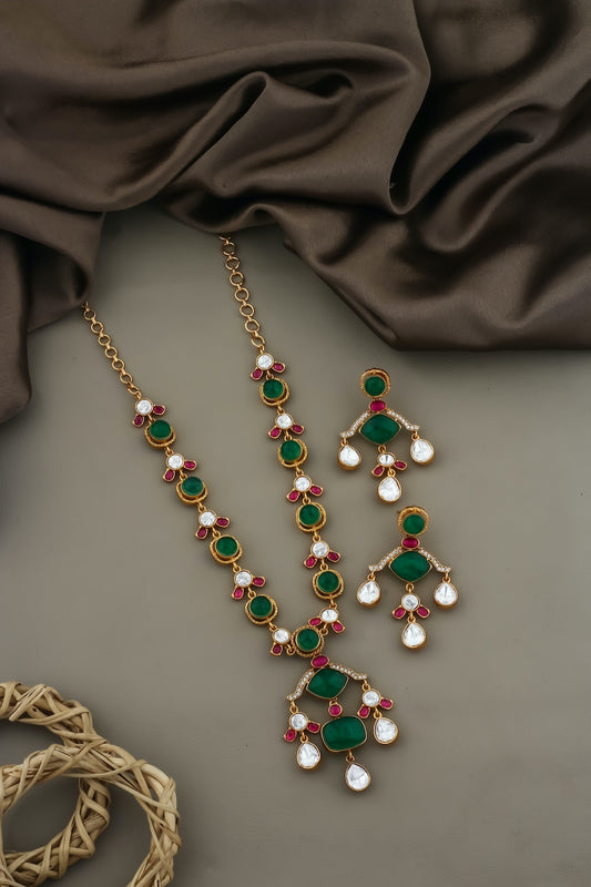 Kundan semi precious Long Necklace Earrings Set with green ruby white stones kadlnes250388