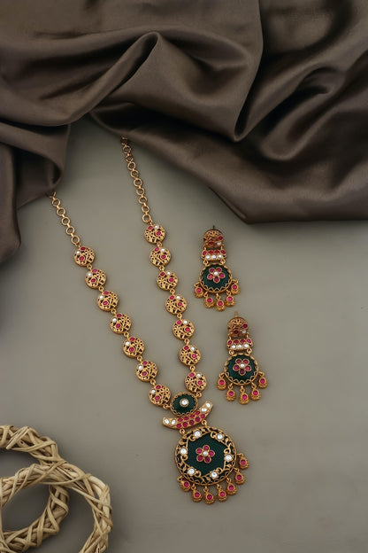 long heritage necklace emerald green jade pota ruby stone indian wedding jewellery