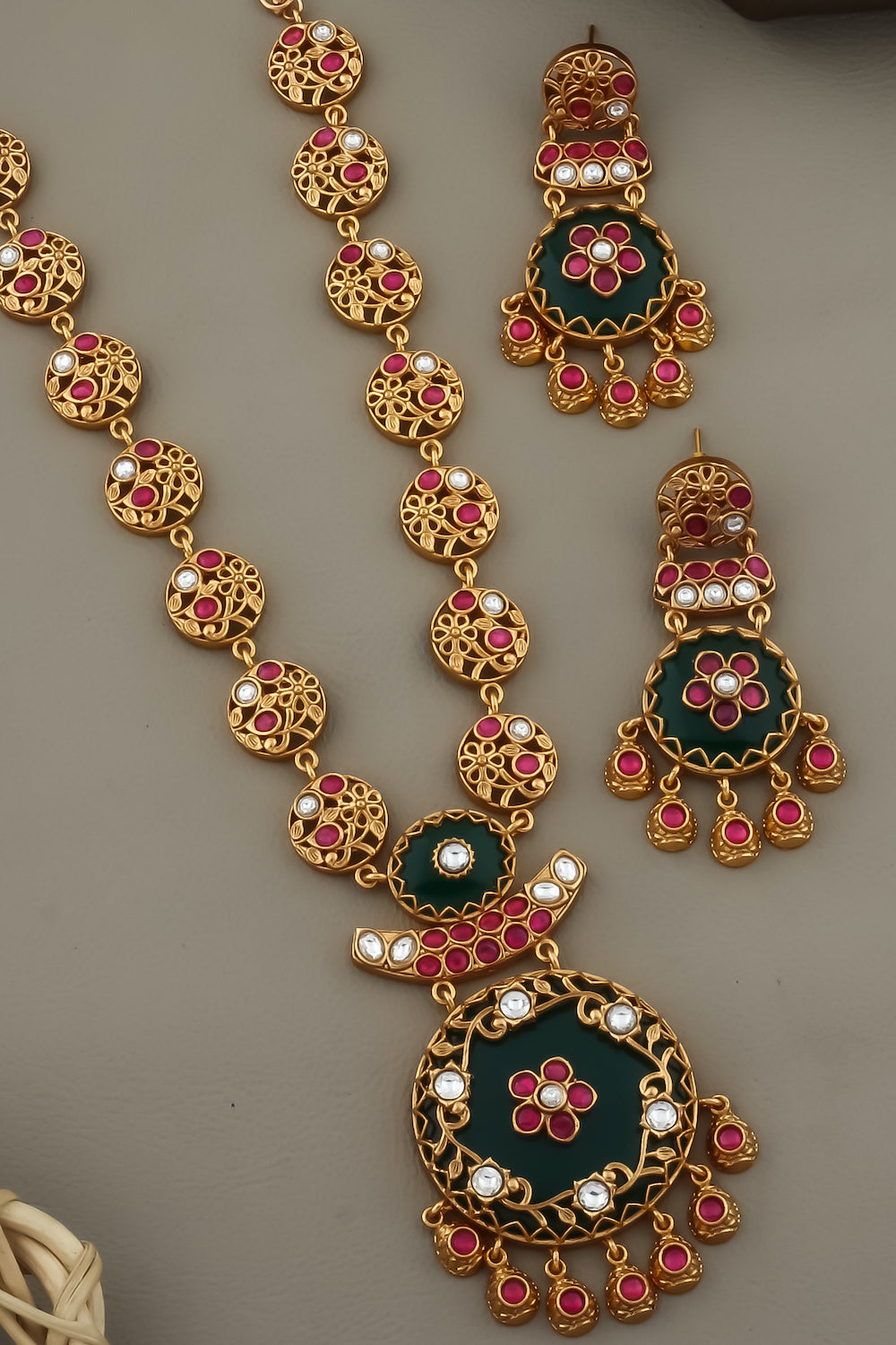 long heritage necklace emerald green jade pota ruby stone indian wedding jewellery