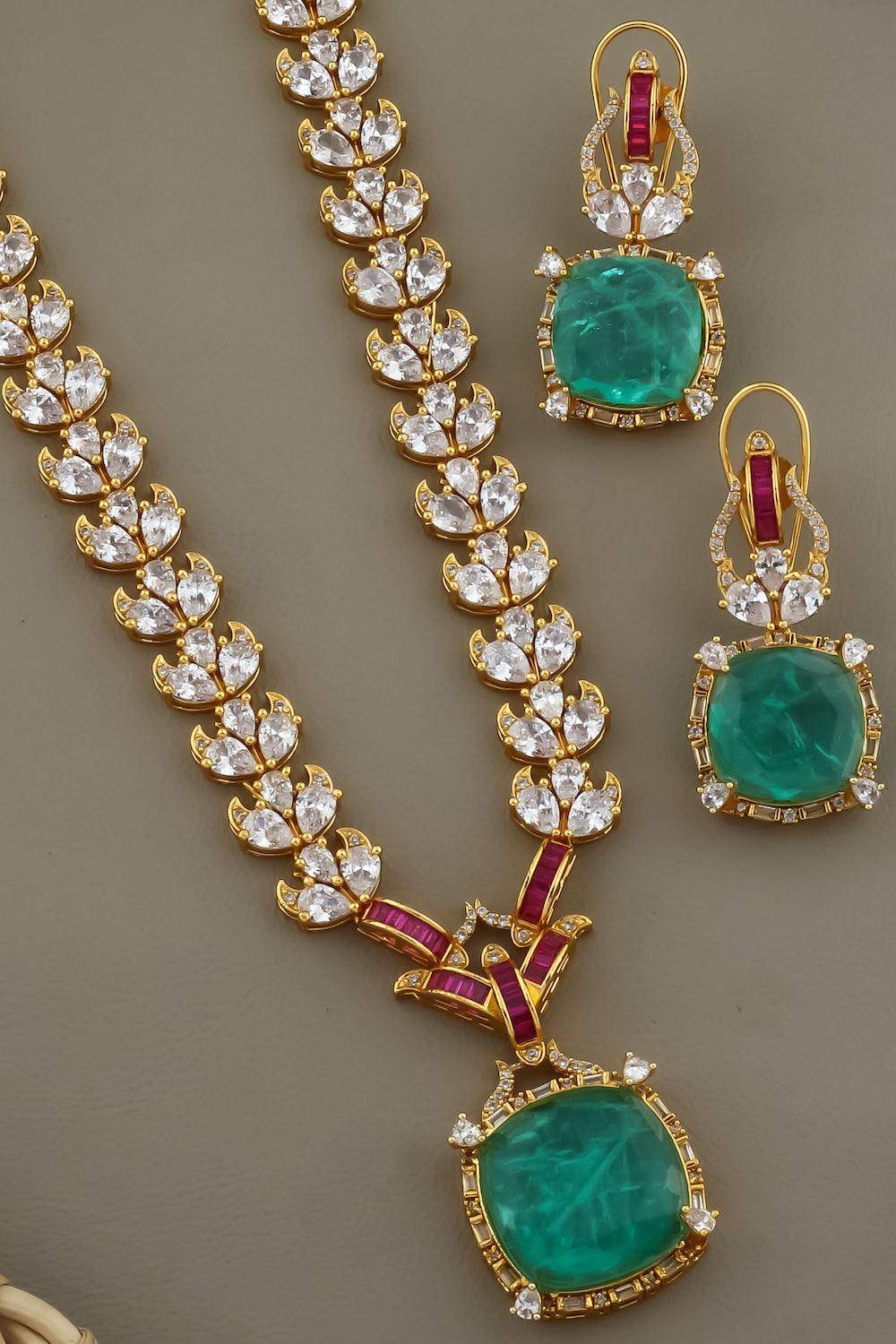 premium cubic zirconia gold link chain & square doublet pendant Set 