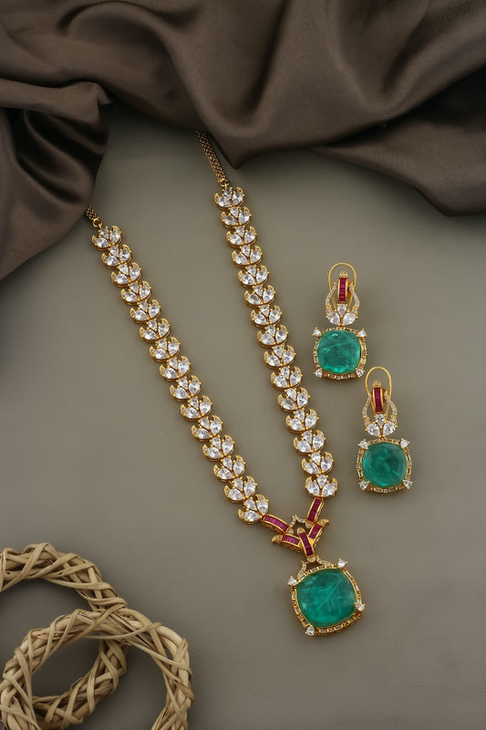 premium cubic zirconia gold link chain & square doublet pendant Set 