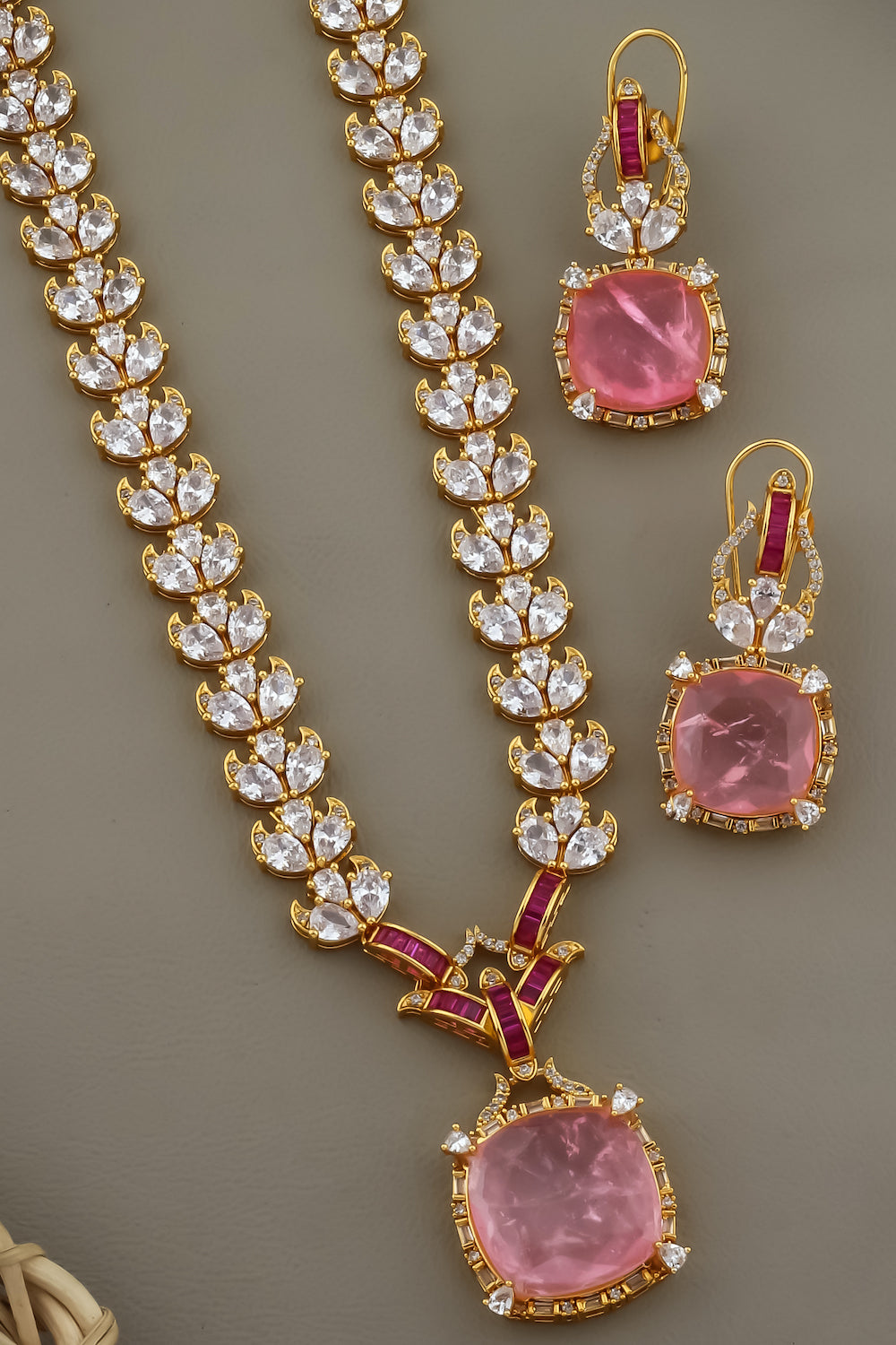 indian bridal long cubic zirconia doublet necklace earrings set