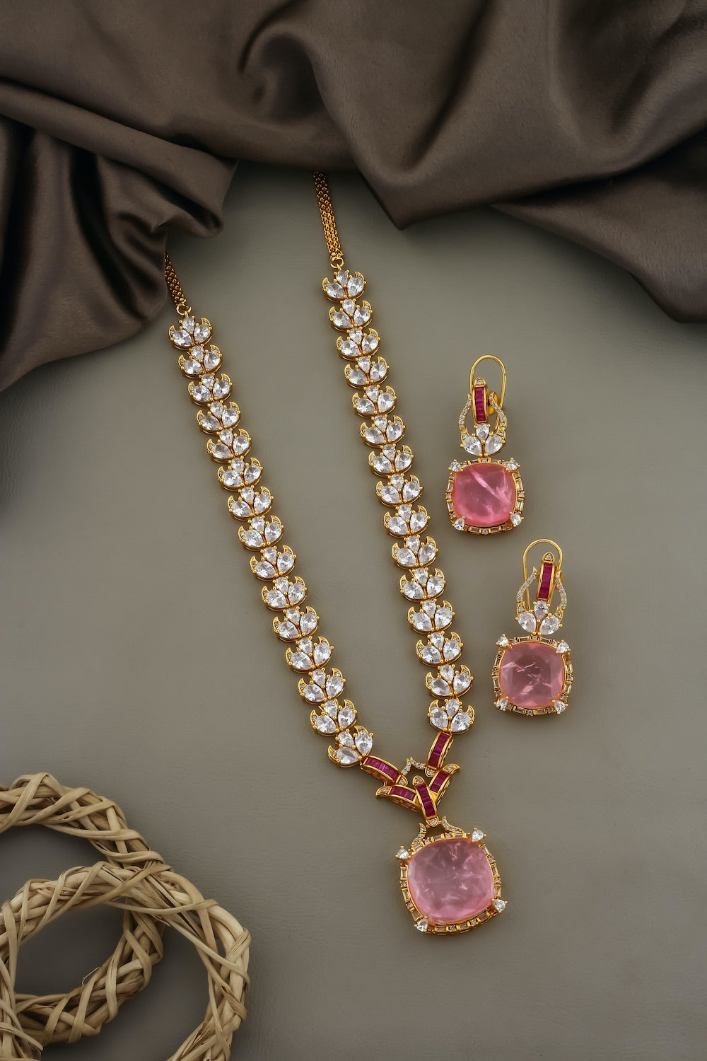 premium cubic zirconia gold link chain & square doublet pendant Set 