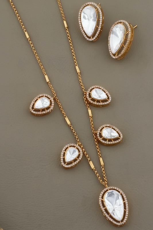 polki pendanat with cz border and golden chain with leaf shape stud earrings indian jewellery