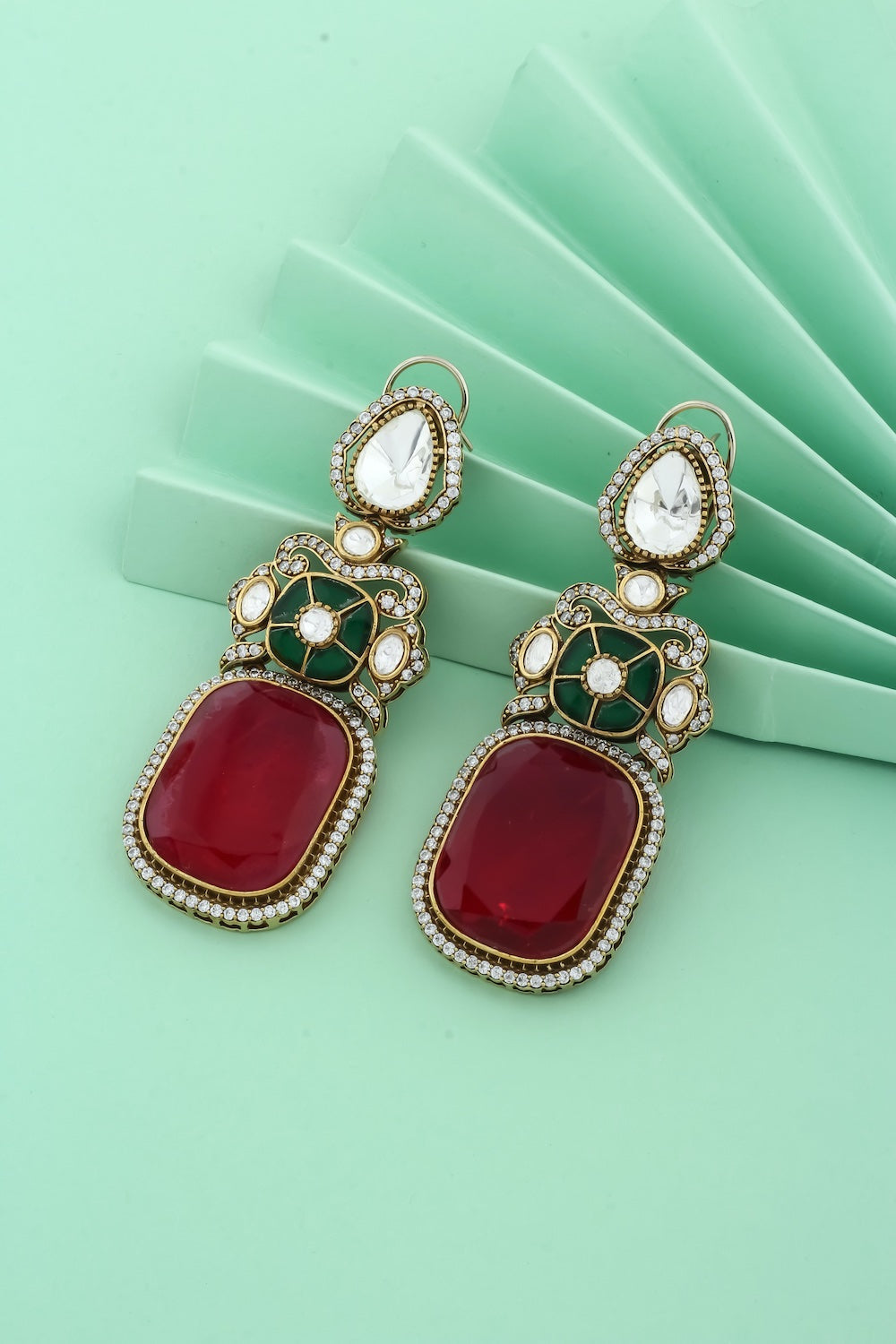 red doublet earrings with cz, kundan, pota stone with victorian gold finish