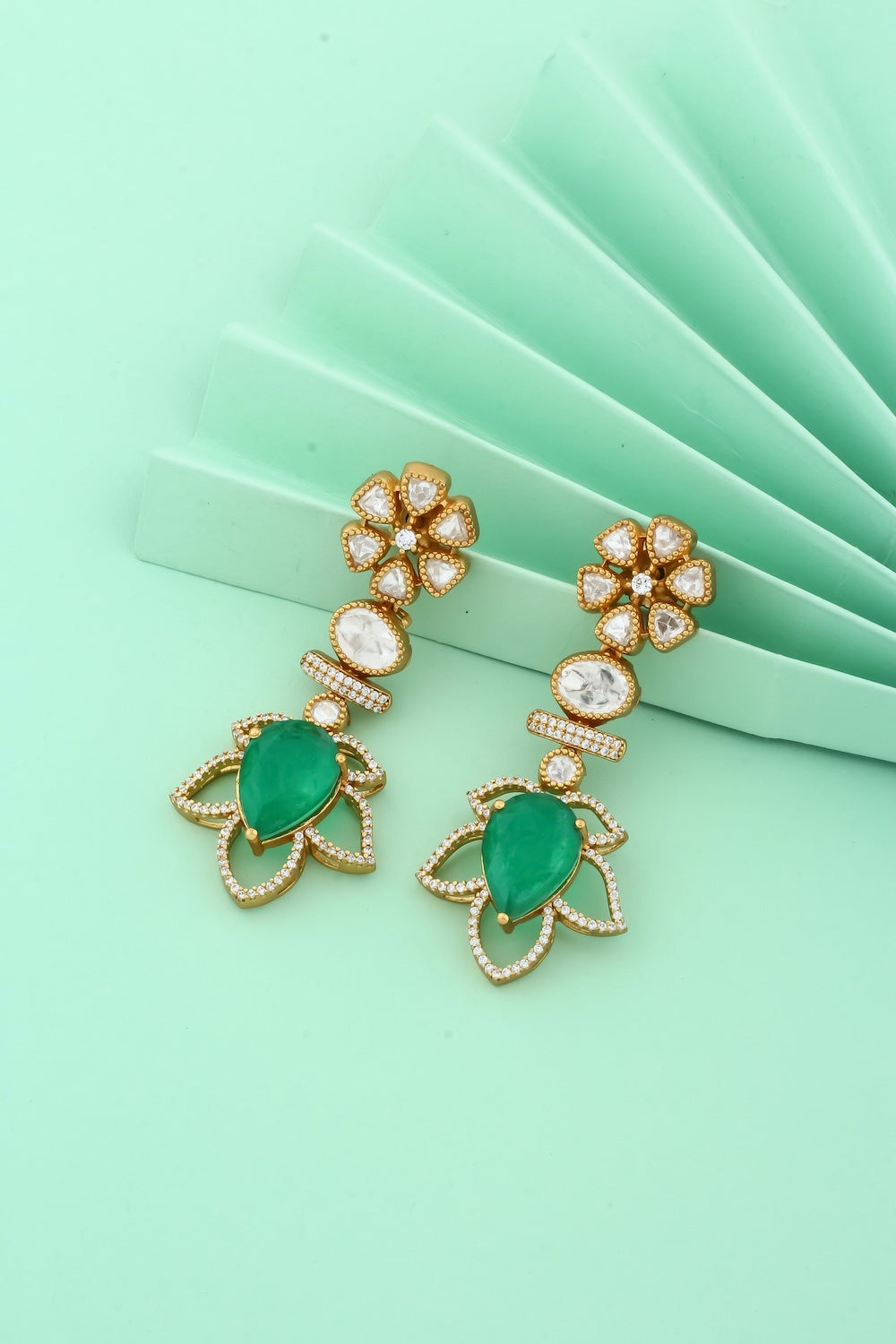 emerald doublet kundan cz drop earrings 