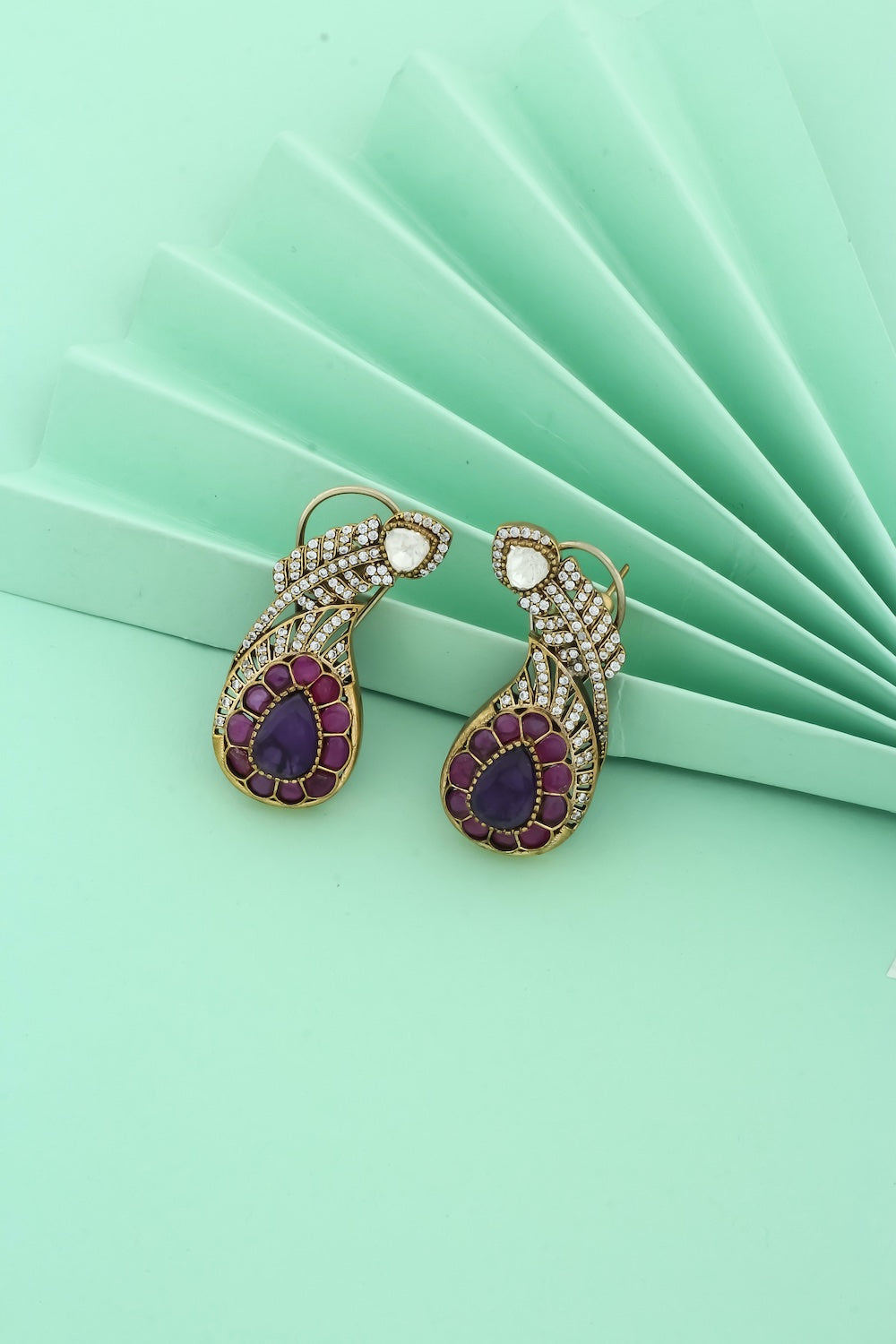 medium sized paisley shaped cz kundan doublet stud earrings