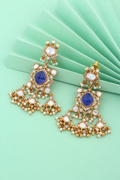 tanzanite blue stone kundan antique finish medium length lightweight chandbali earrings indian bridal