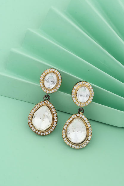 black polish drop earrings with dual tone gold black polish and cubic zirconia stones