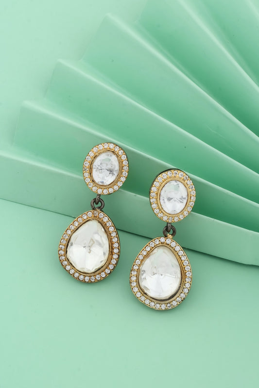 black polish drop earrings with dual tone gold black polish and cubic zirconia stones