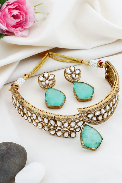 Jadau polki kundan doublet zirconia antique choker necklace set kadchnes250018