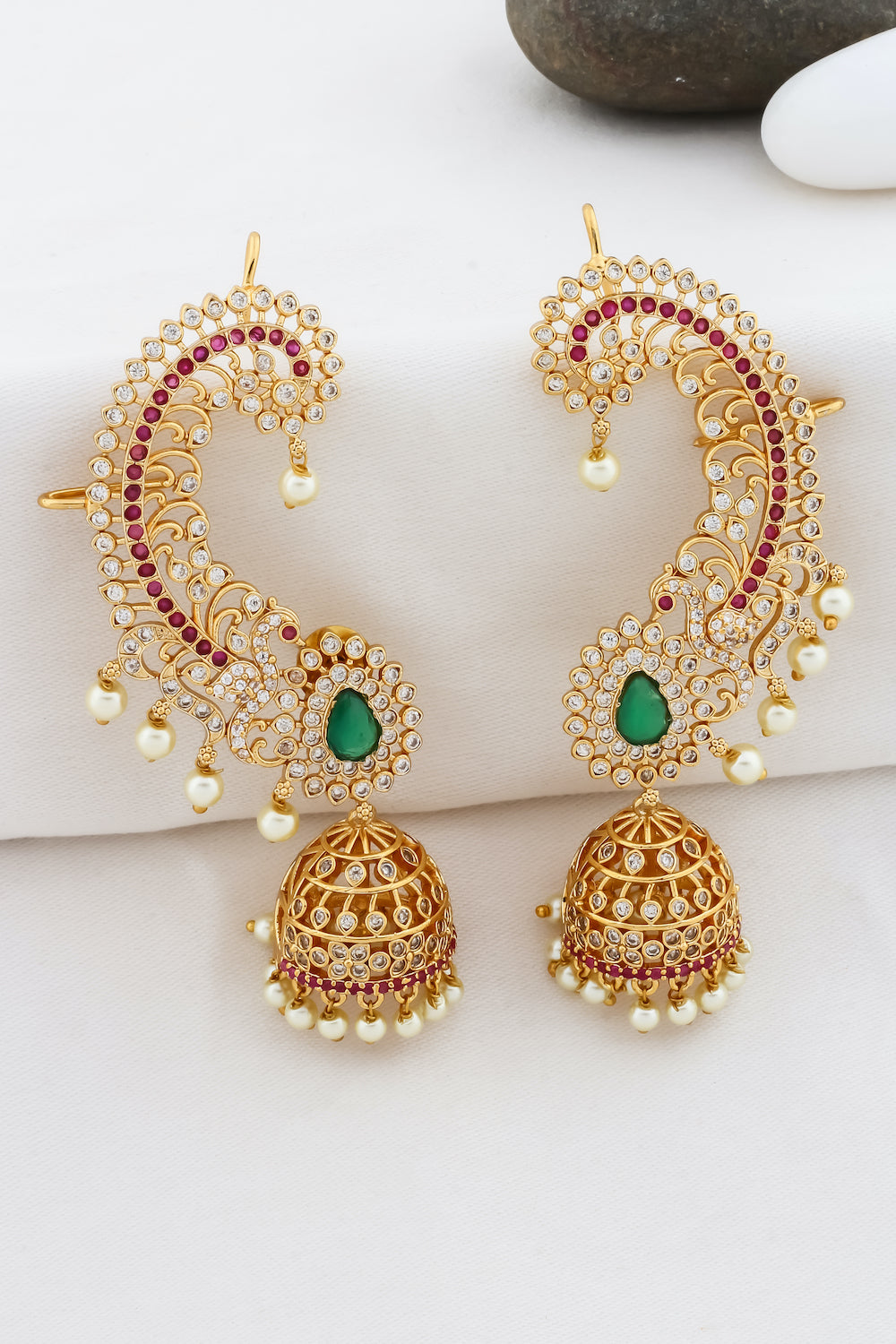 Ad zircon victorian peacock jhumka earrings with kanphool adgpje250033