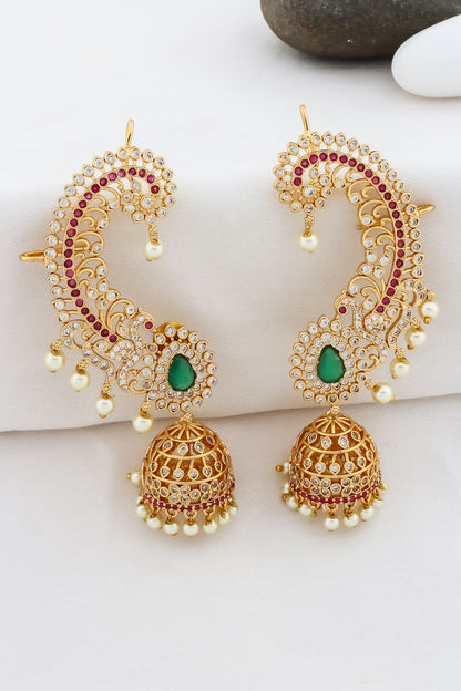 Ad zircon victorian peacock jhumka earrings with kanphool adgpje250033