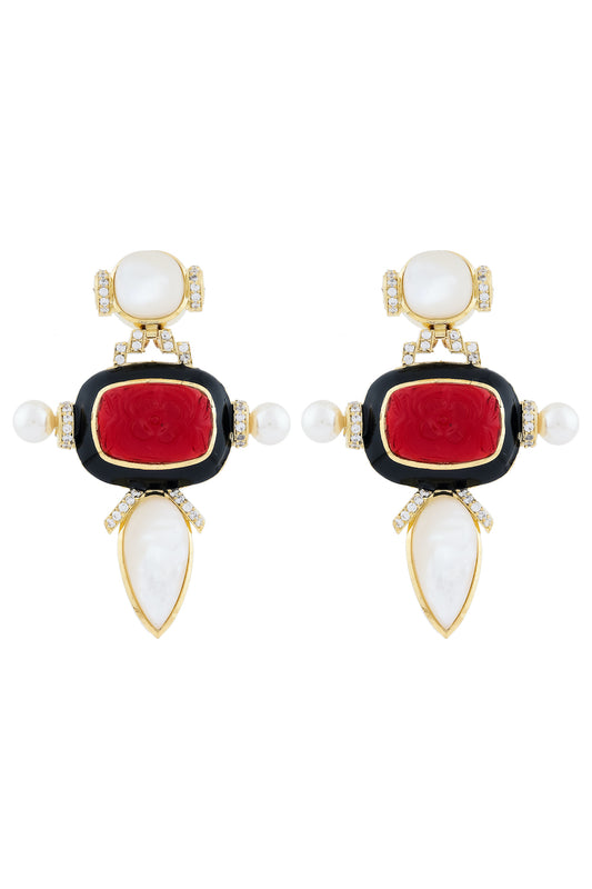 red doublet pearl long studs