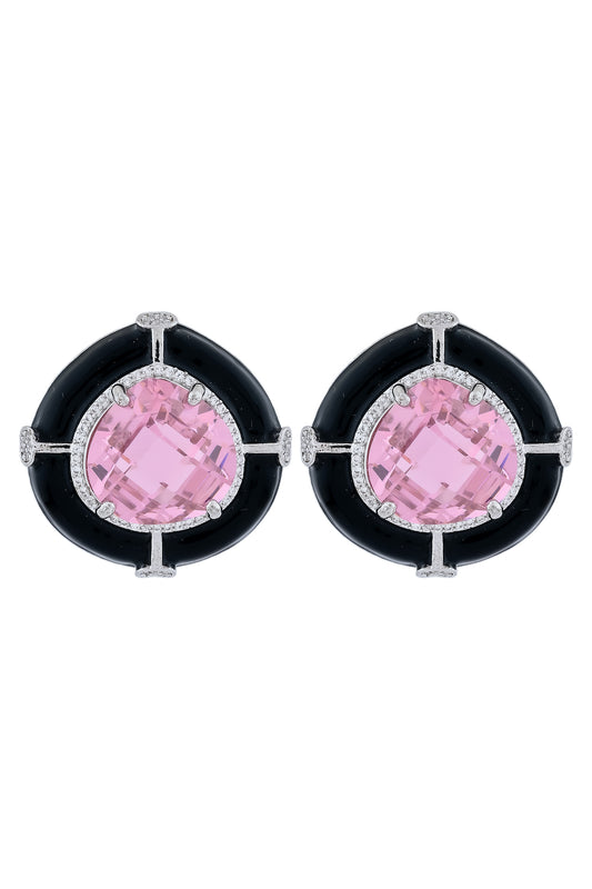 enamel cz black pink stud earrings