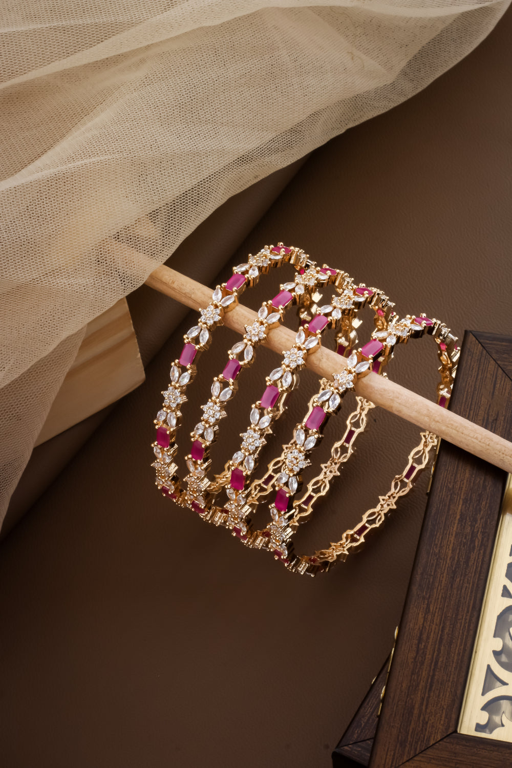 floral ruby diamond gold polish set of 4 bangle