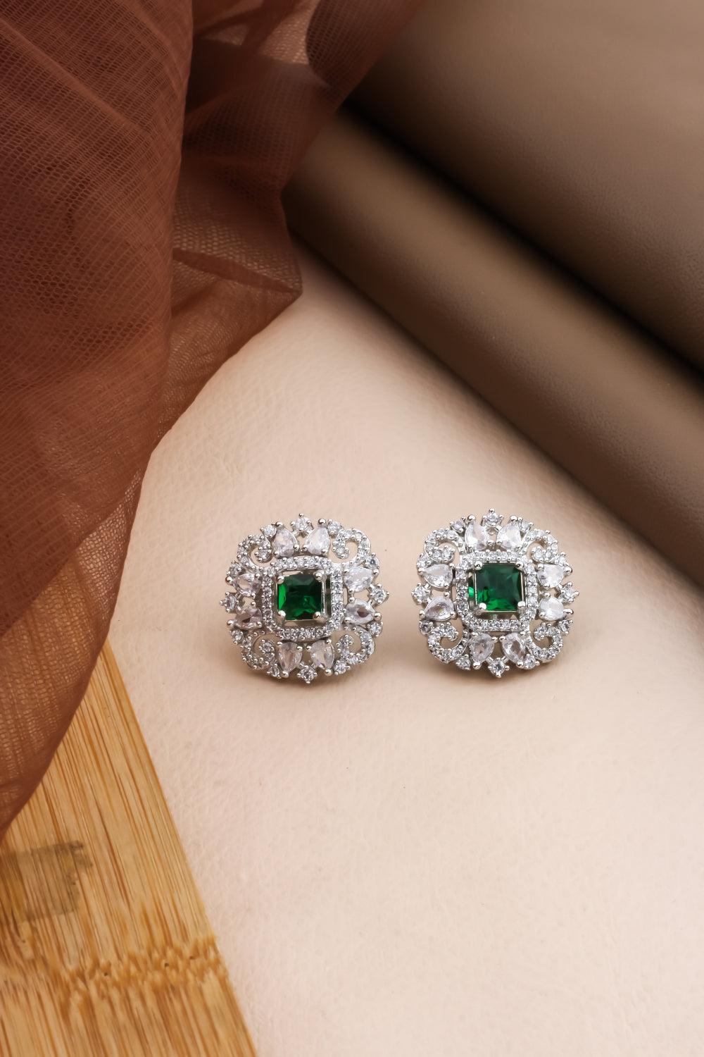 green cz silver earrings