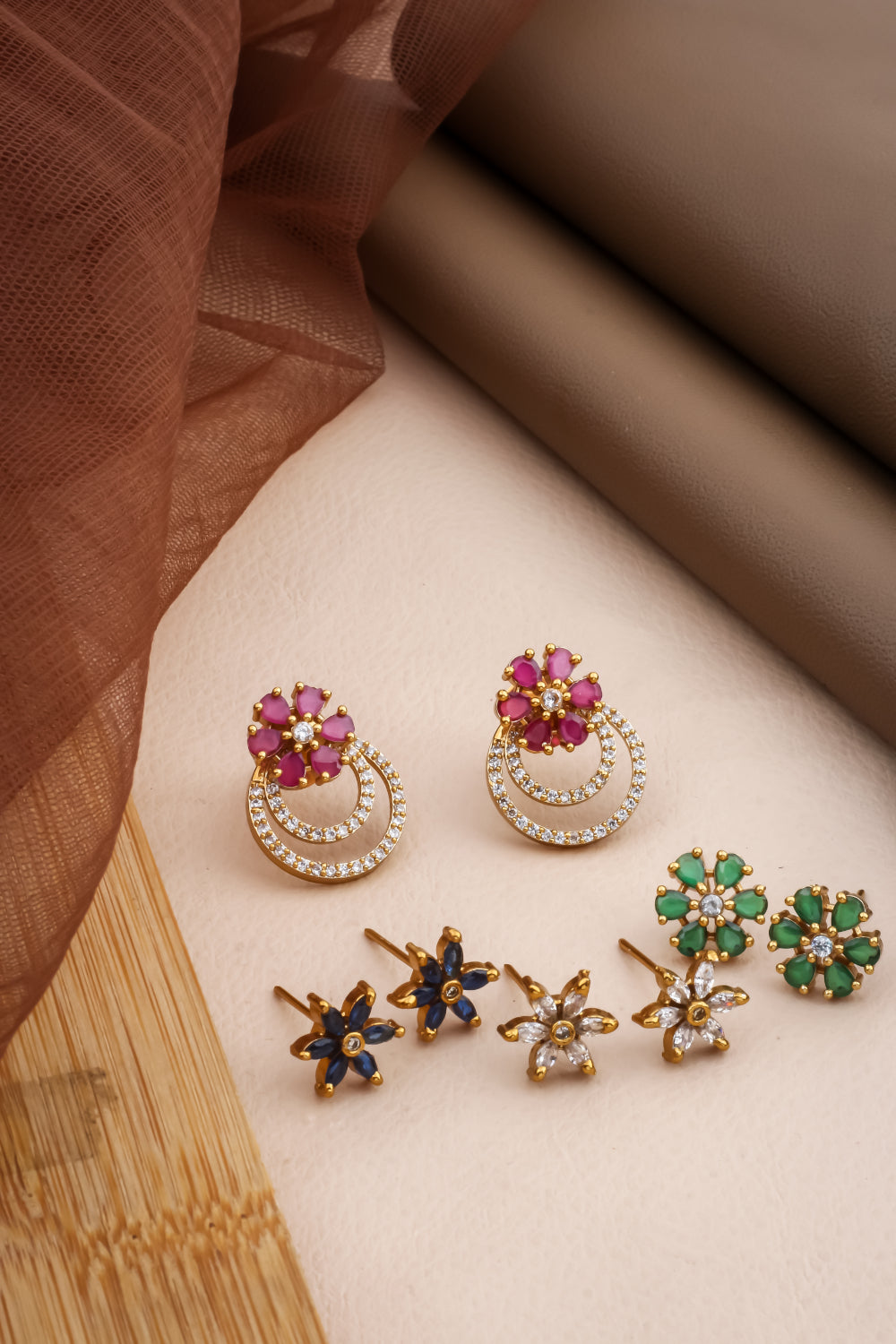 Ad zircon kundan matte gold finish detachable floral stud earrings