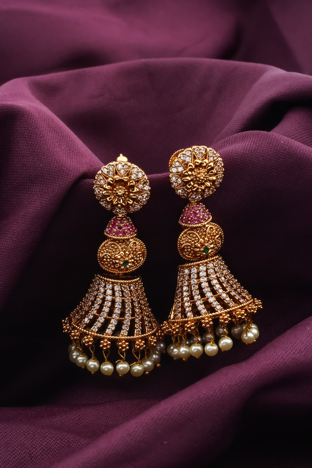 long zirconia jhumka earrings