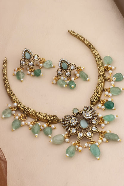 ad zirconia Temple peacock antique gold Choker Necklace Earrings Set