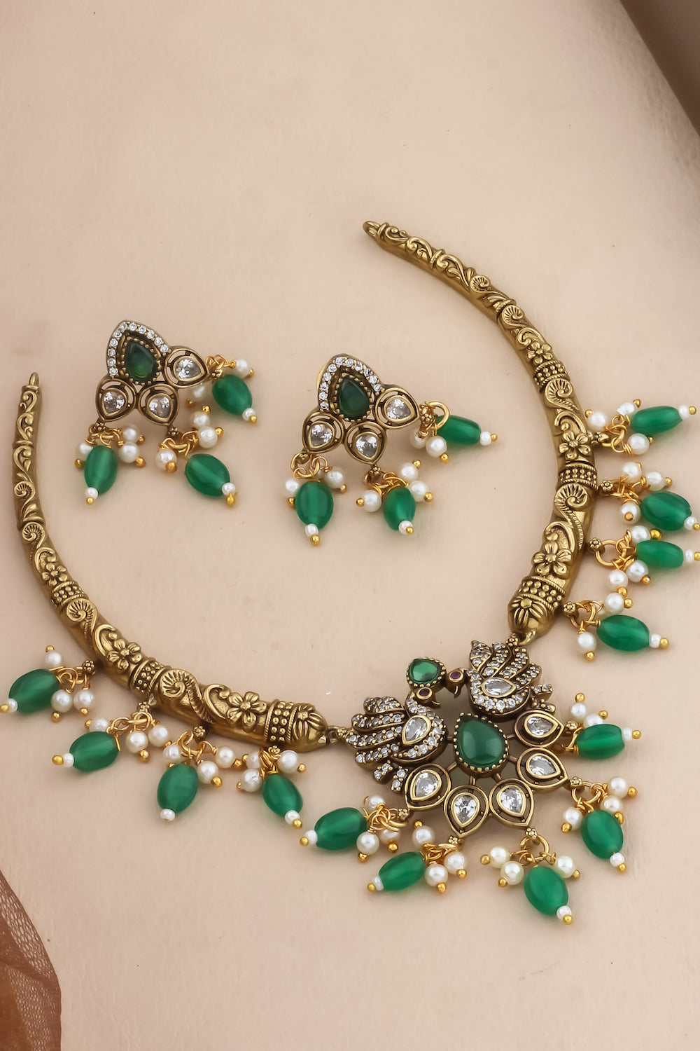 ad zirconia Temple peacock antique gold Choker Necklace Earrings Set