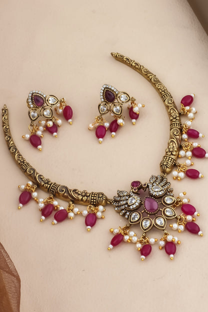 ad zirconia Temple peacock antique gold Choker Necklace Earrings Set