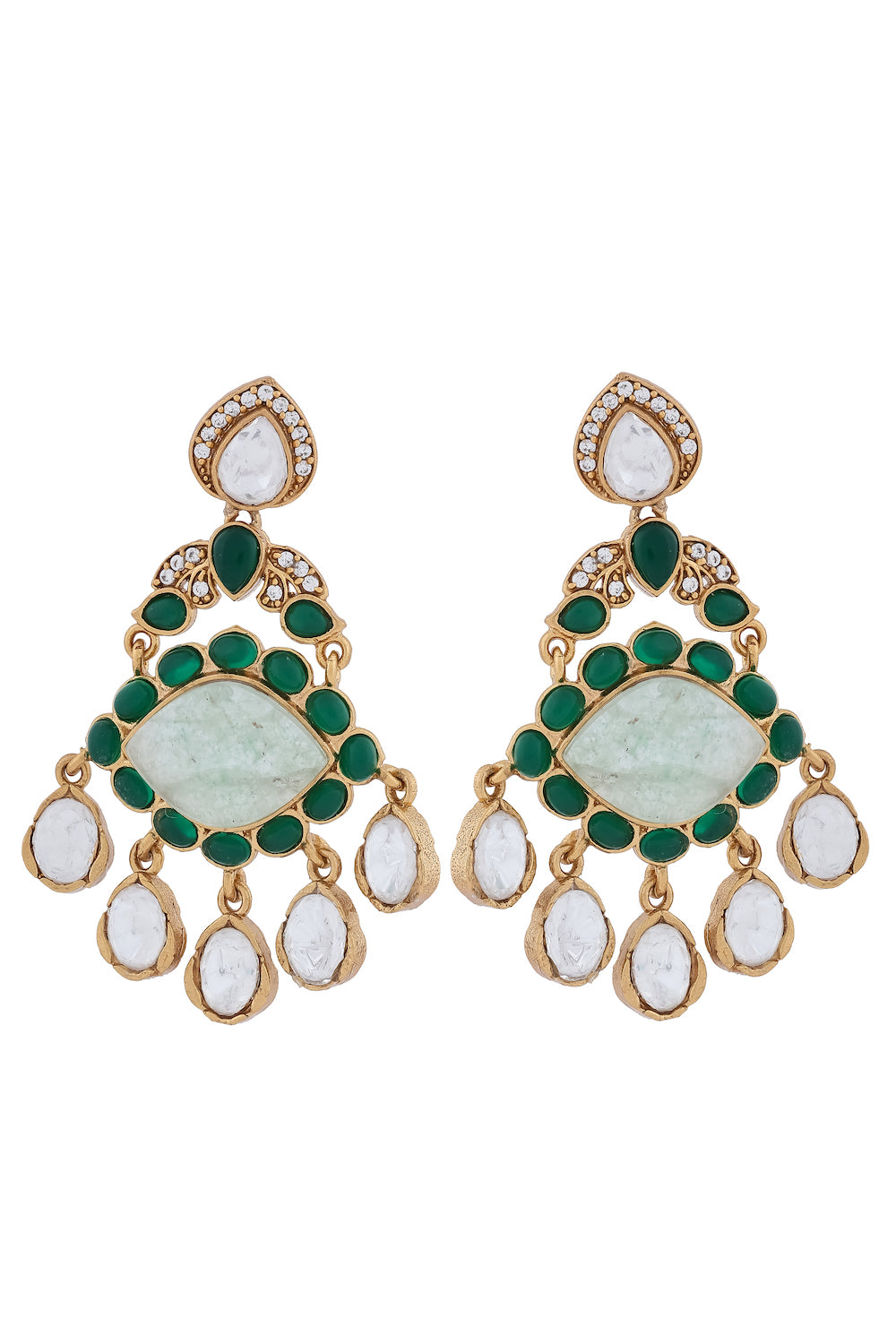 prehnite green stone cz kundan earrings