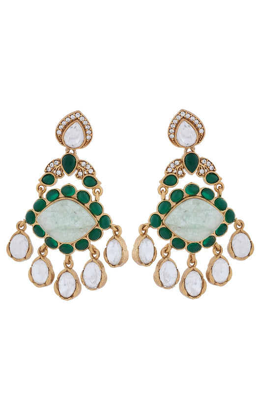 prehnite green stone cz kundan earrings