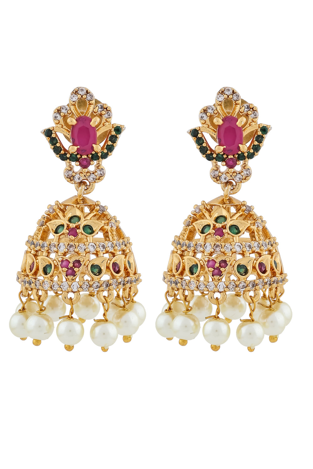 pink green cz gold jhumka