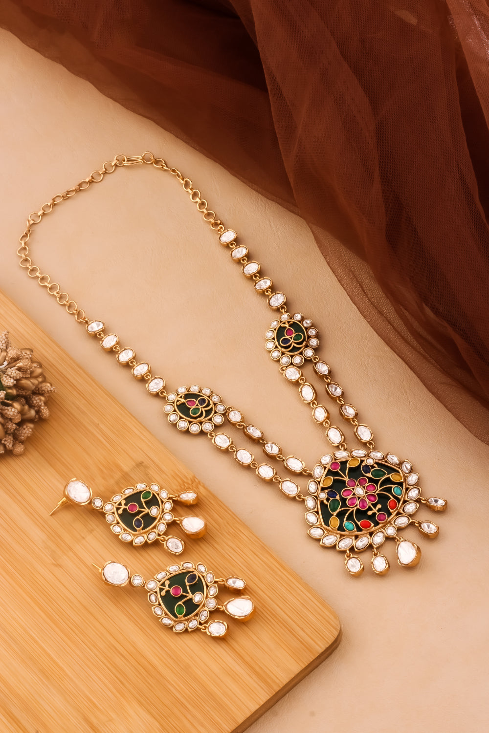 Necklace earrings long set jadau holdali moissanite klnes240353