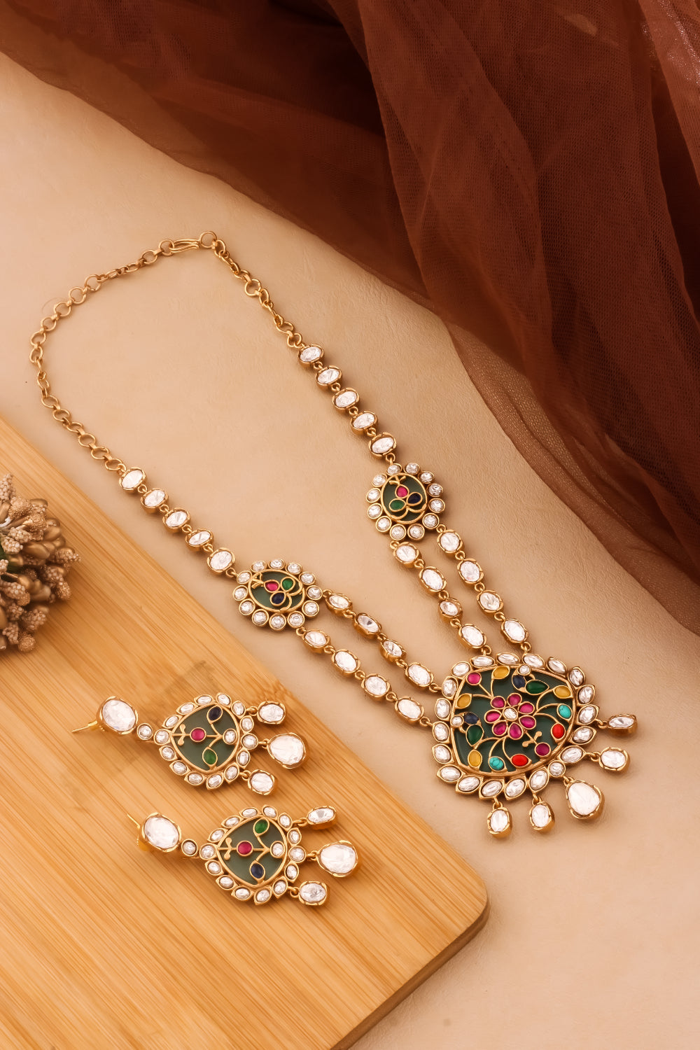 Necklace earrings long set jadau holdali moissanite klnes240353