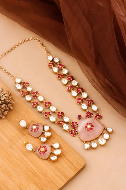 long pink jadau necklace