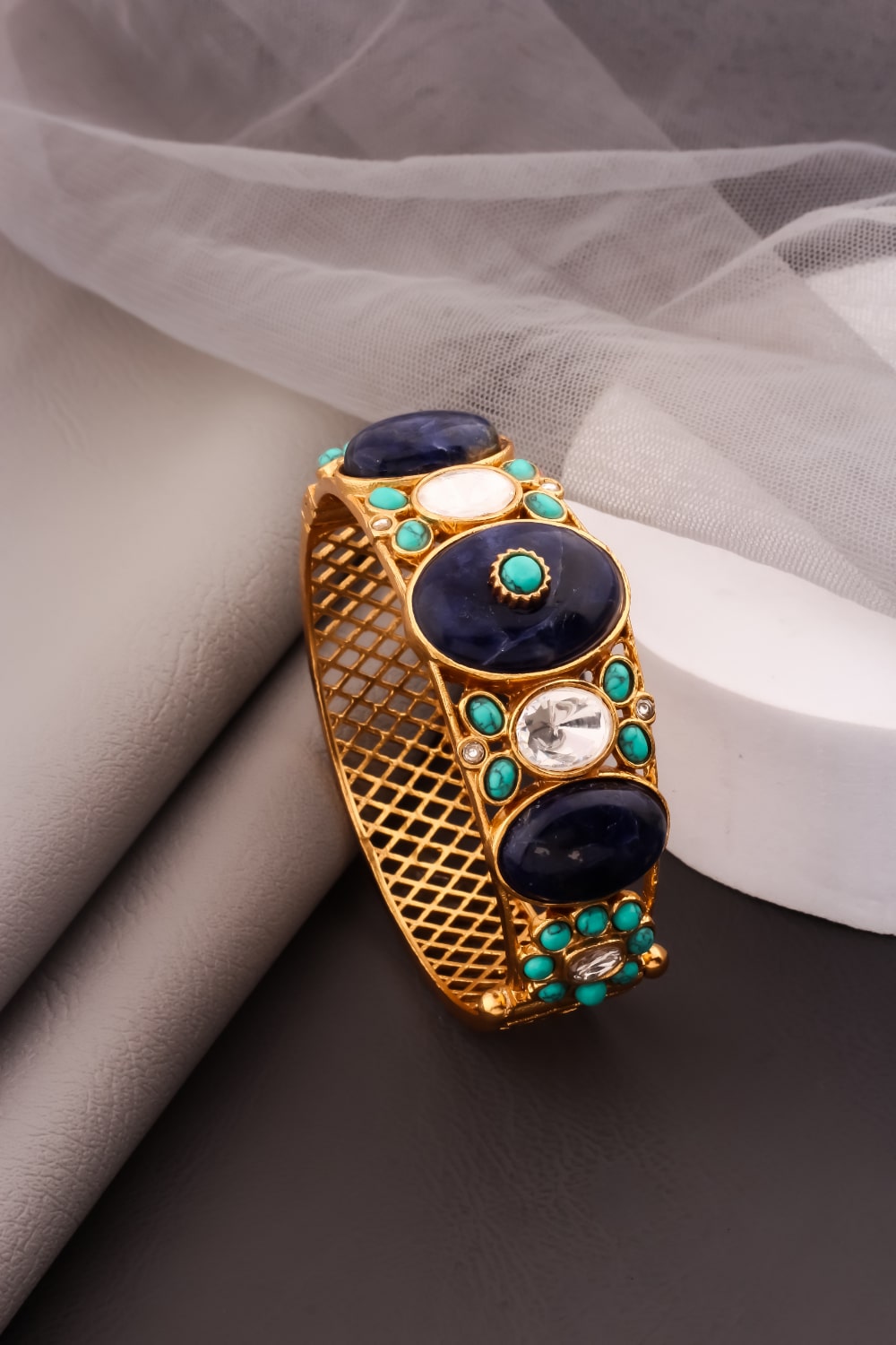 semi precious lapis lazuli  turquoise poli openable kada bracelet bangle matte gold polish