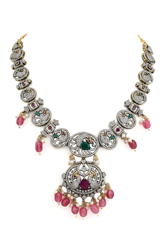 ad zirconia victorian kundan long Necklace Earrings Set