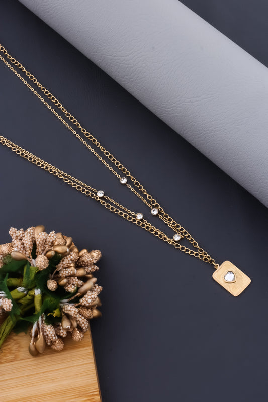 double layer stainless steel chain with rectangle heart valentine pendant in gold finish minimal